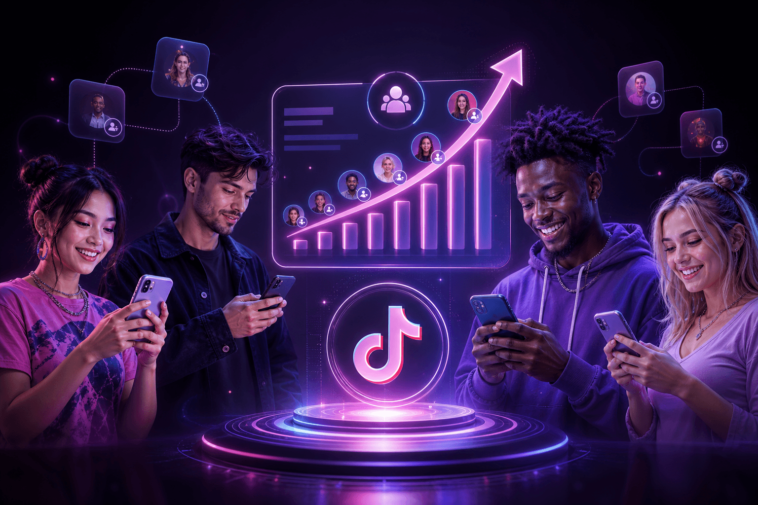 Premium TikTok followers growth visual showing creators and rising audience metrics on a modern dashboard