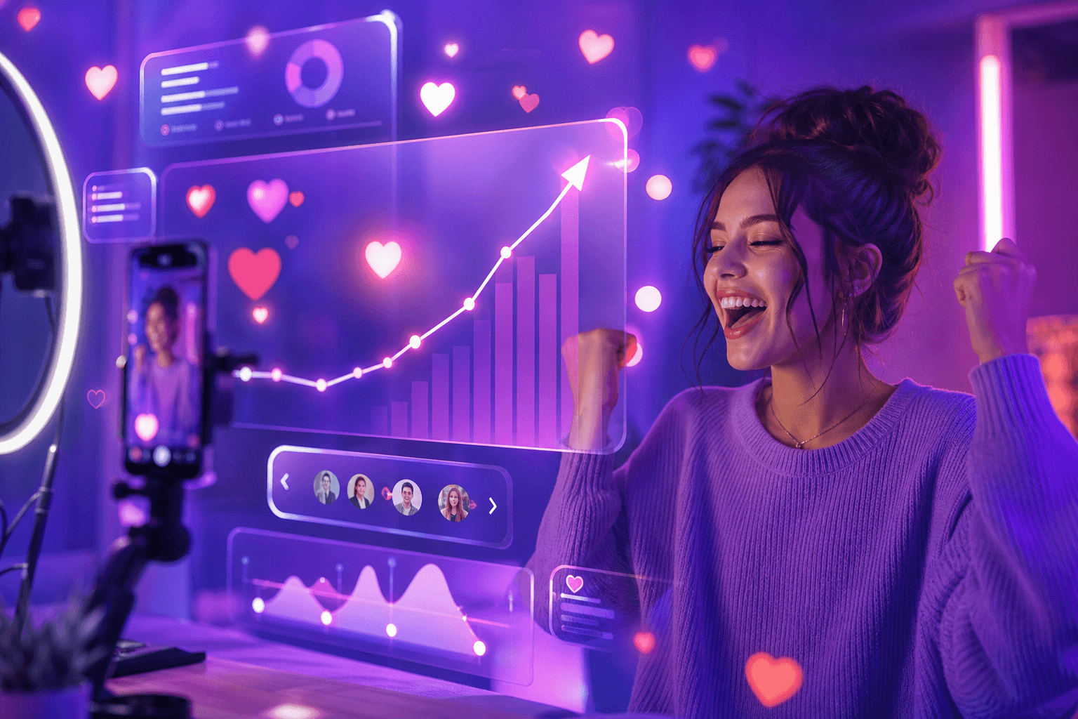Premium TikTok likes growth visual with engagement hearts and viral post metrics on a glass interface