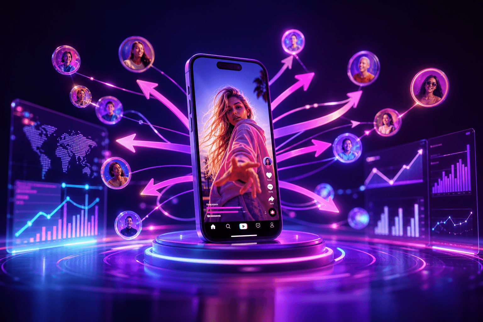 Professional TikTok shares and viral reach visual with premium SaaS growth analytics and distribution network