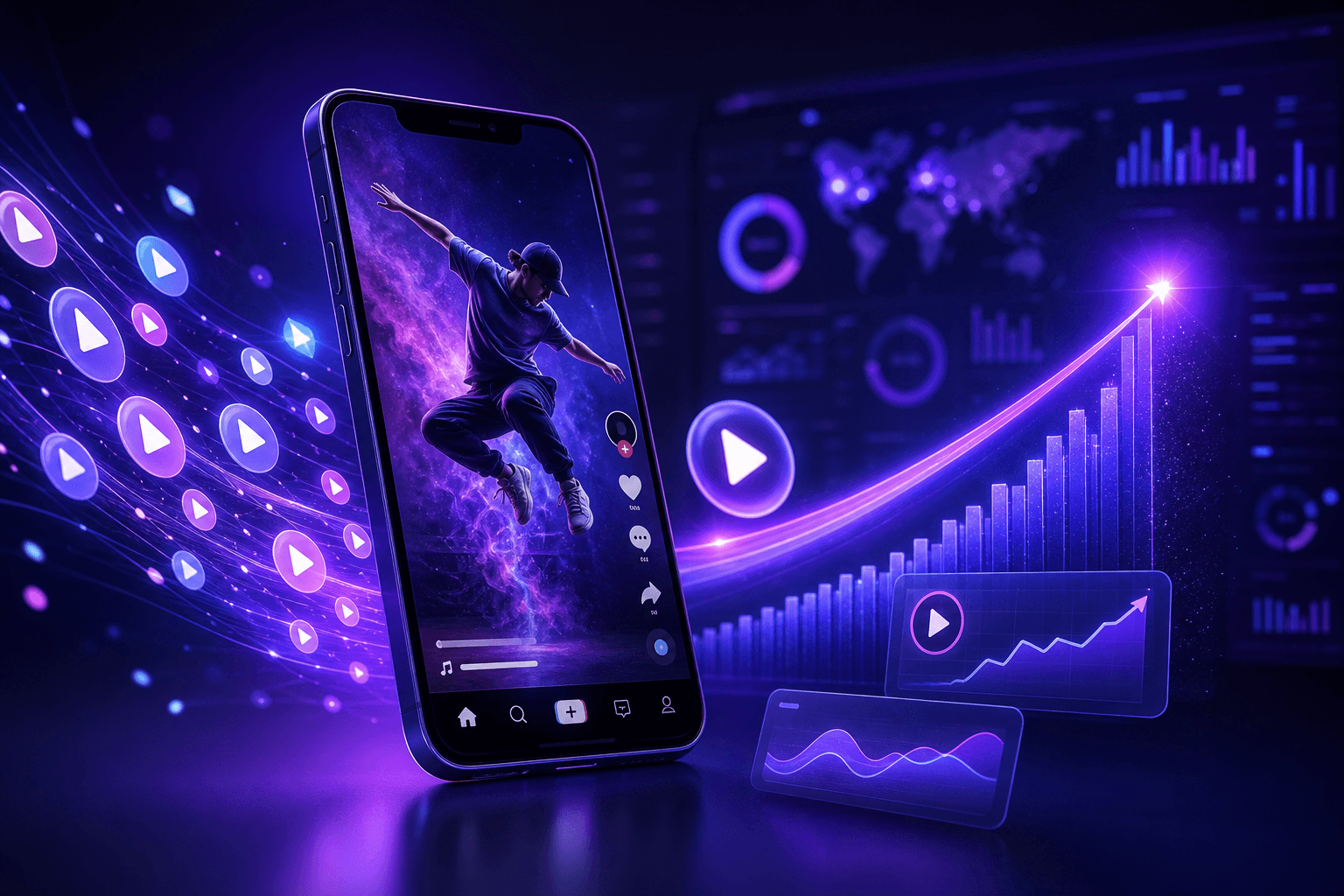 Premium TikTok views growth visual showing viral video play counts and analytics on a smartphone
