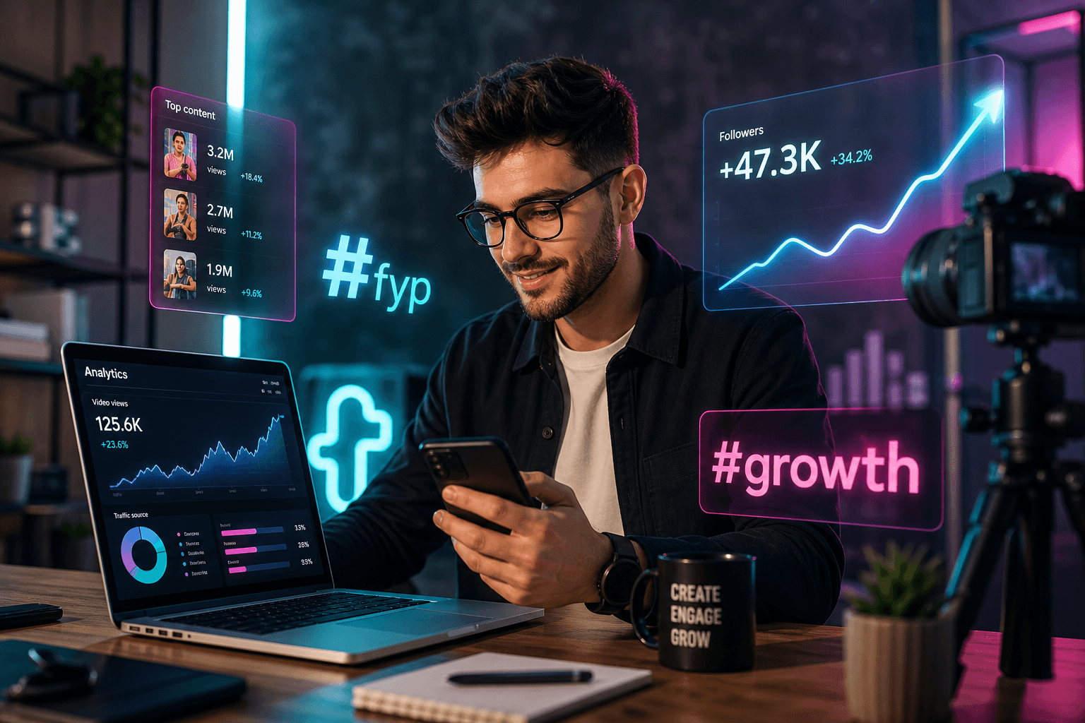 ¿Cuántas hashtags puedo usar en TikTok? — creador revisando estrategia de hashtags y analíticas de TikTok para crecimiento