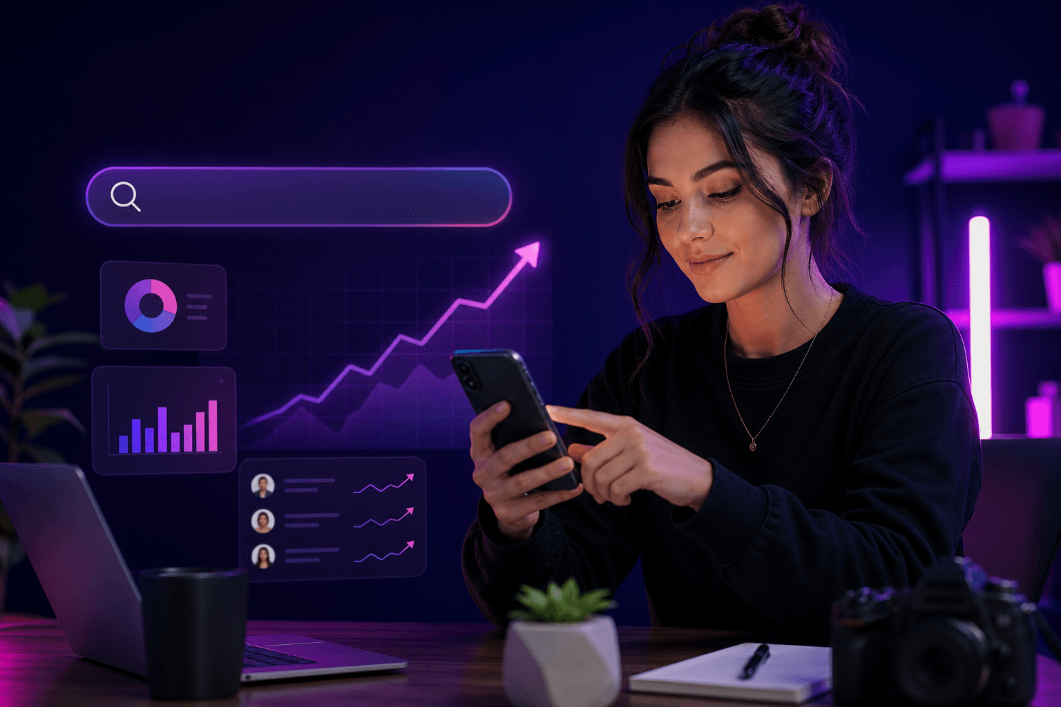 SEO de TikTok en 2026 — creador optimizando videos para posicionamiento en TikTok Search y visualizaciones consistentes
