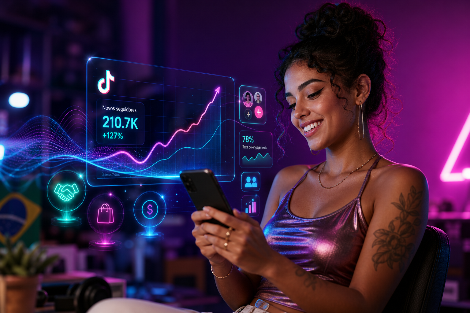 Crescimento de seguidores para criadores brasileiros Criador brasileiro analisando crescimento de seguidores e parcerias no TikTok com visual premium