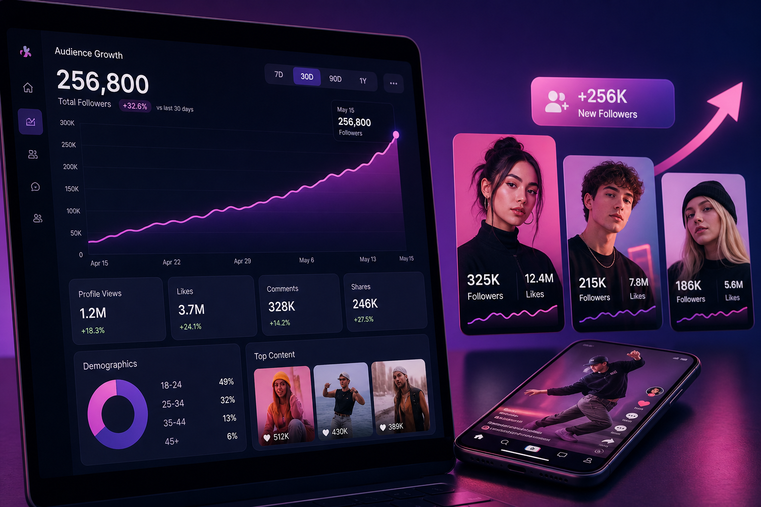 TikTok follower growth analytics dashboard showing audience scaling metrics with TokBoostly