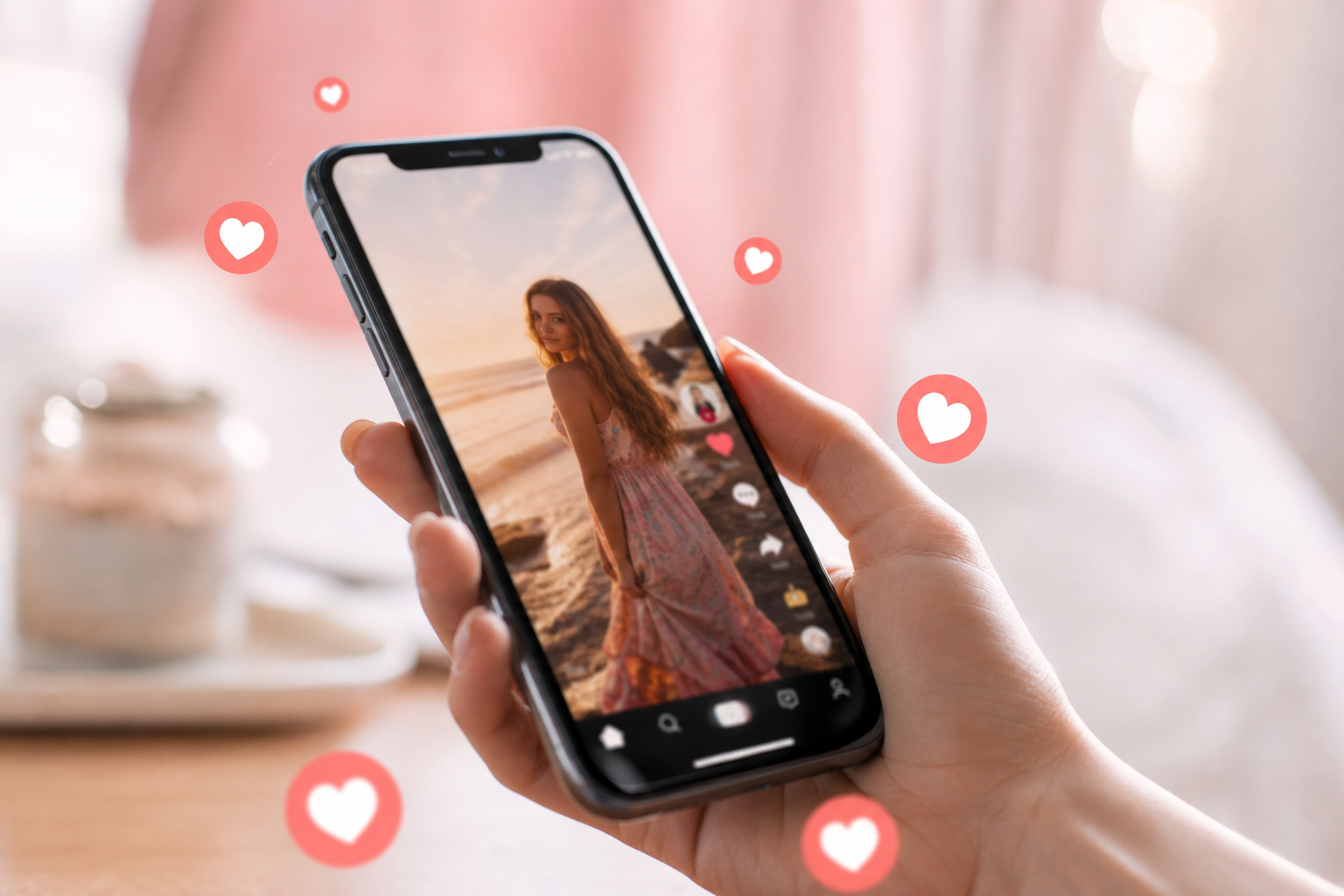 TikTok post engagement with likes and social proof on a smartphone screen