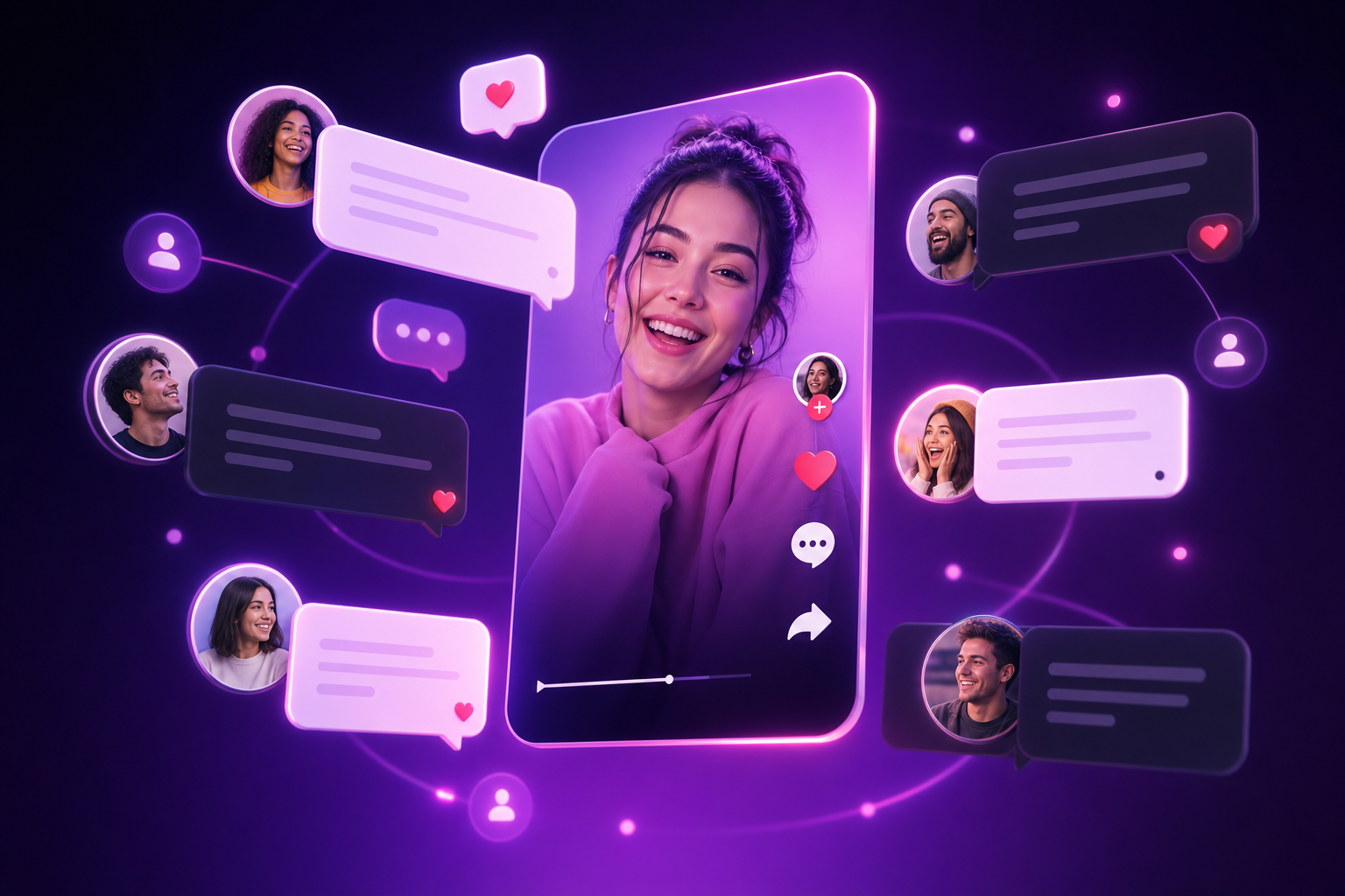 Premium TikTok comments engagement visual with conversation bubbles around a creator community