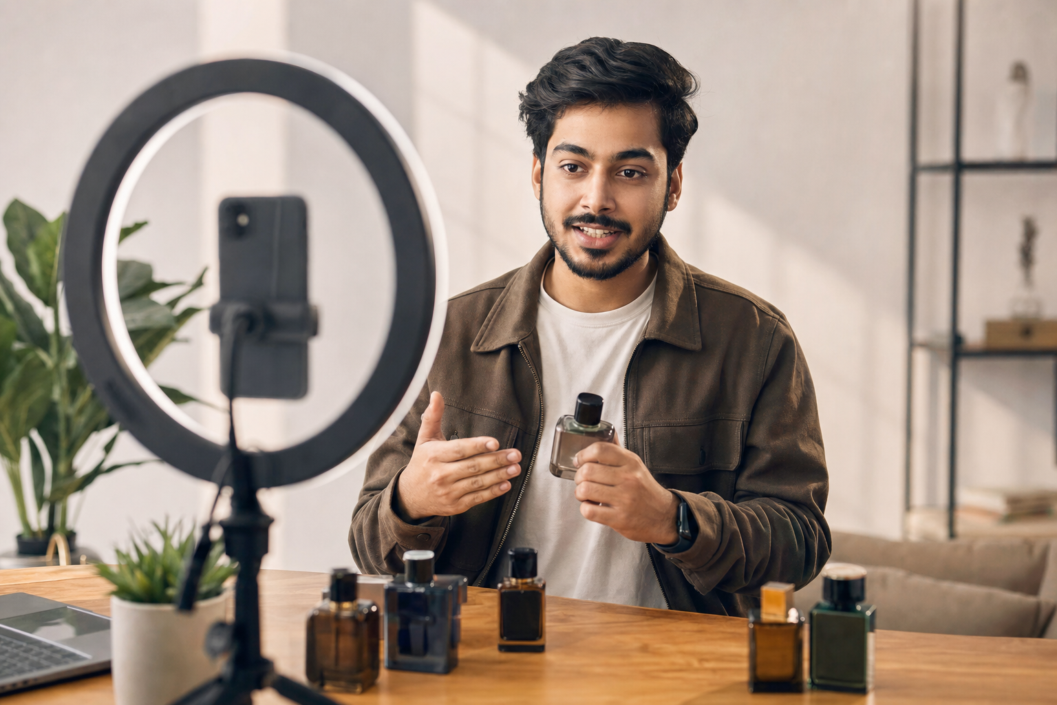 Fashion influencer preparing Instagram content with professional lighting and phone