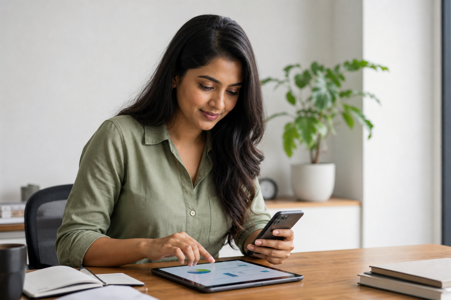 Small business owner planning Instagram audience growth strategy on tablet and phone