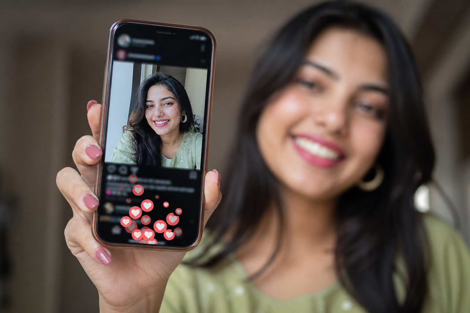 Instagram post engagement with likes and comments visible on a creator phone screen