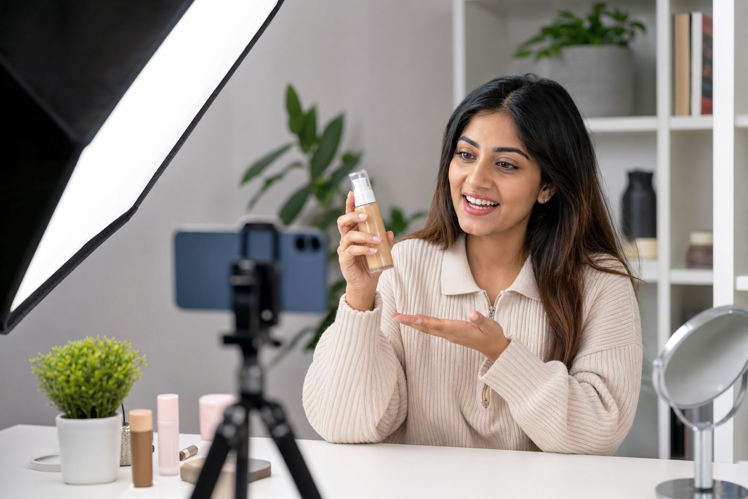 Creator publishing an Instagram reel during a product launch with phone and ring light