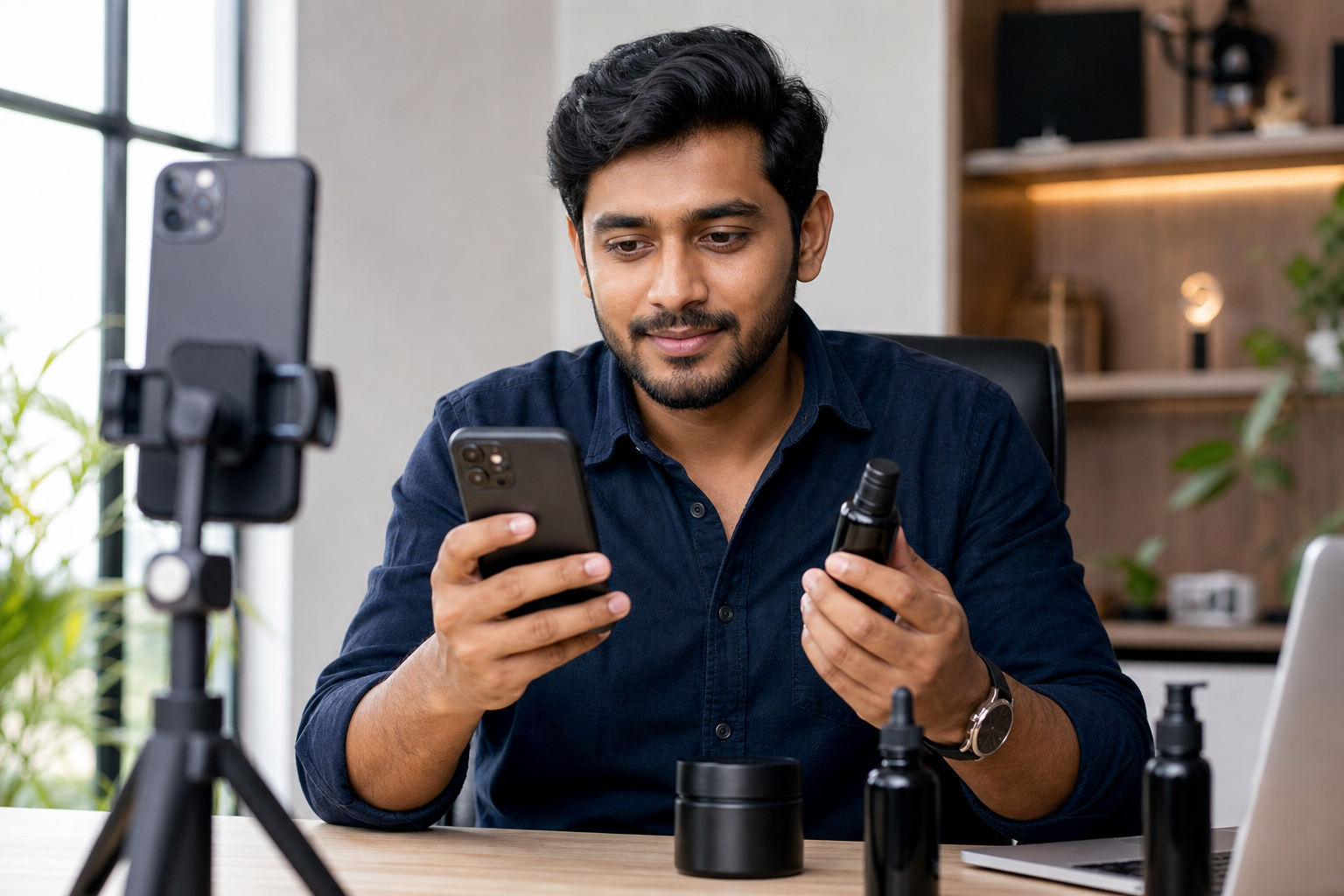 Creator monitoring Instagram live viewer count during a product demo stream