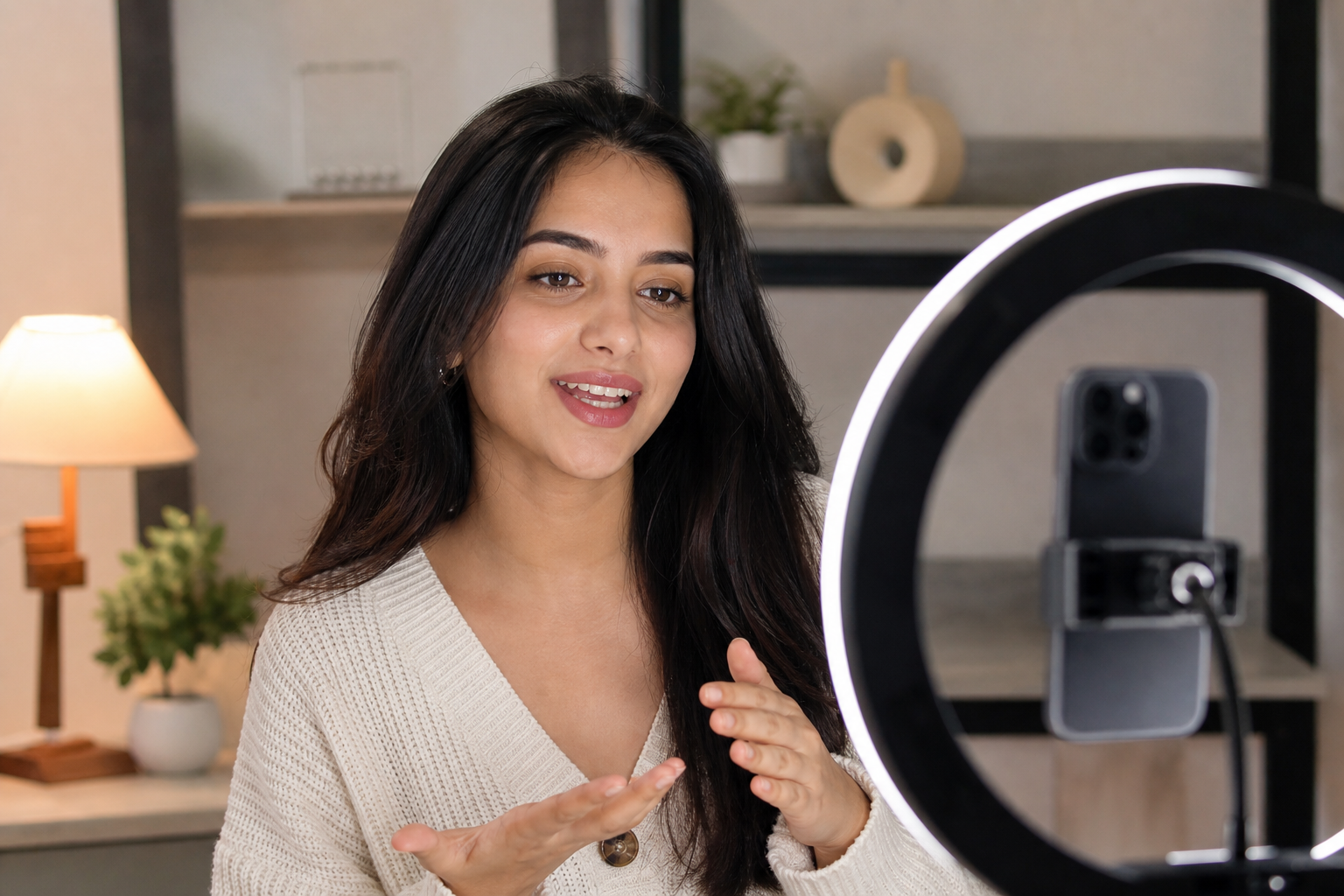 Influencer hosting an Instagram live broadcast with ring light setup