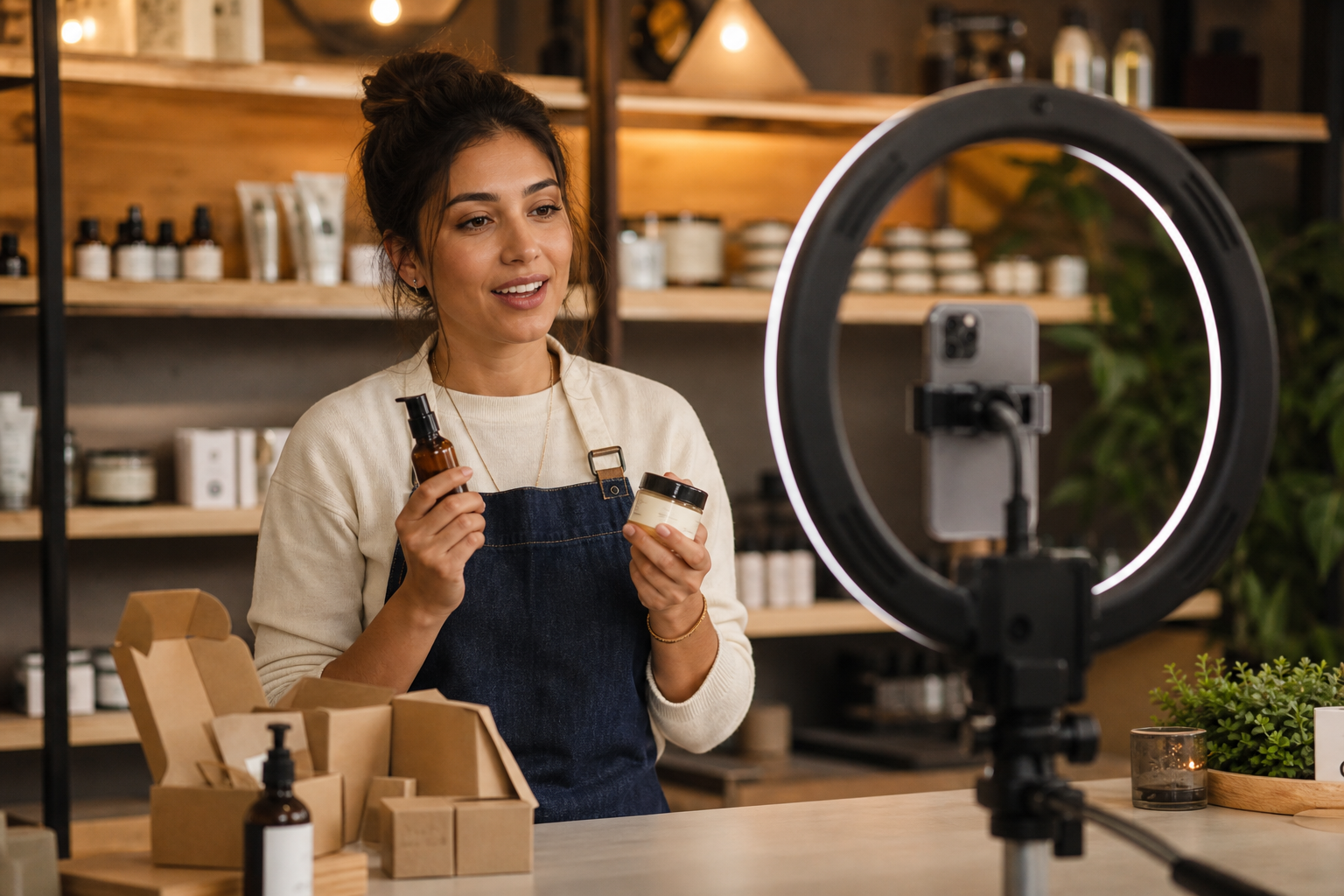 Shop owner demonstrating products during an Instagram live stream setup