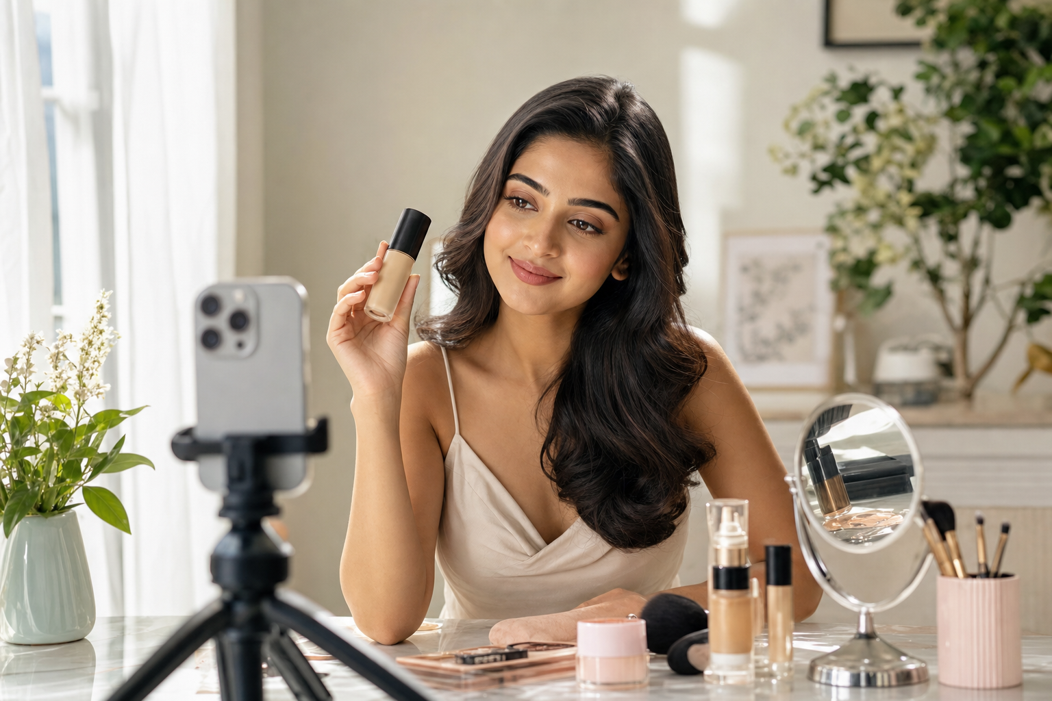 Creator recording Instagram stories with product samples and natural daylight