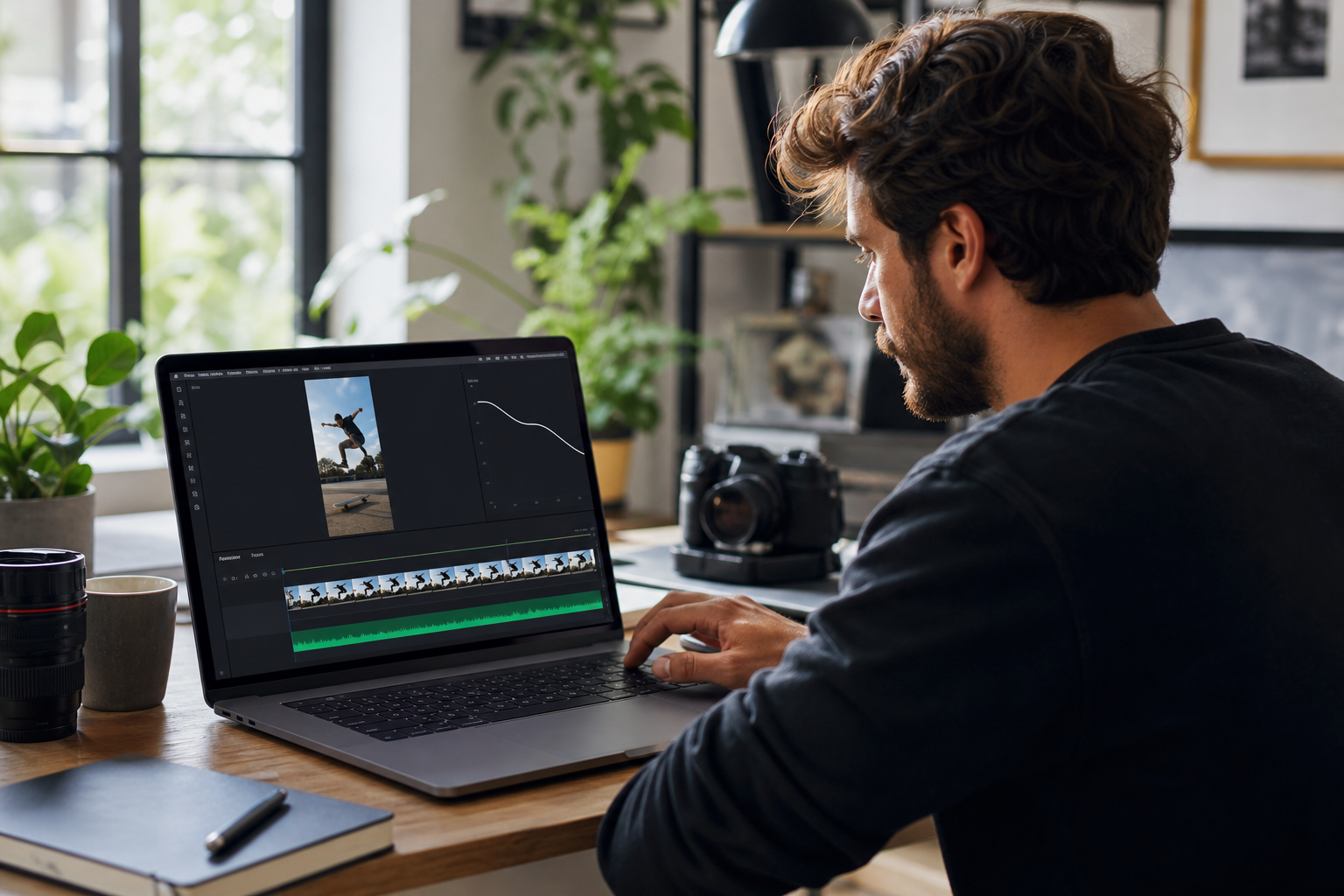 Video editor reviewing Instagram reel retention on a laptop in a bright studio