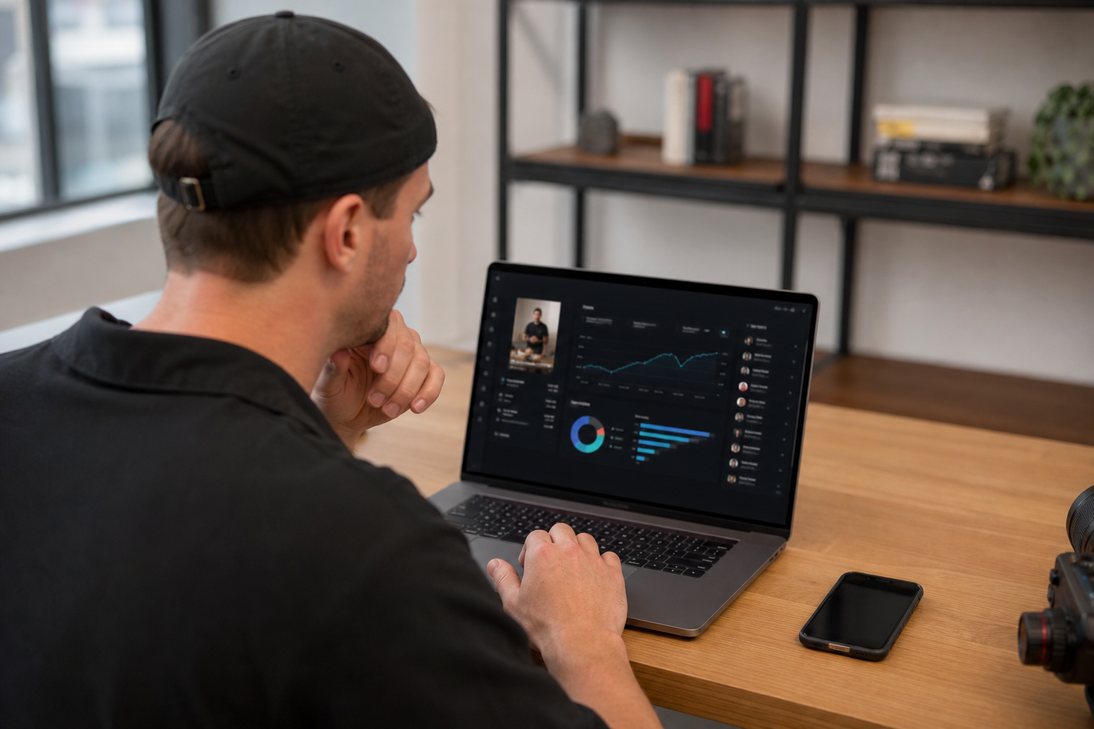American content creator reviewing TikTok follower growth metrics on a laptop in a home studio
